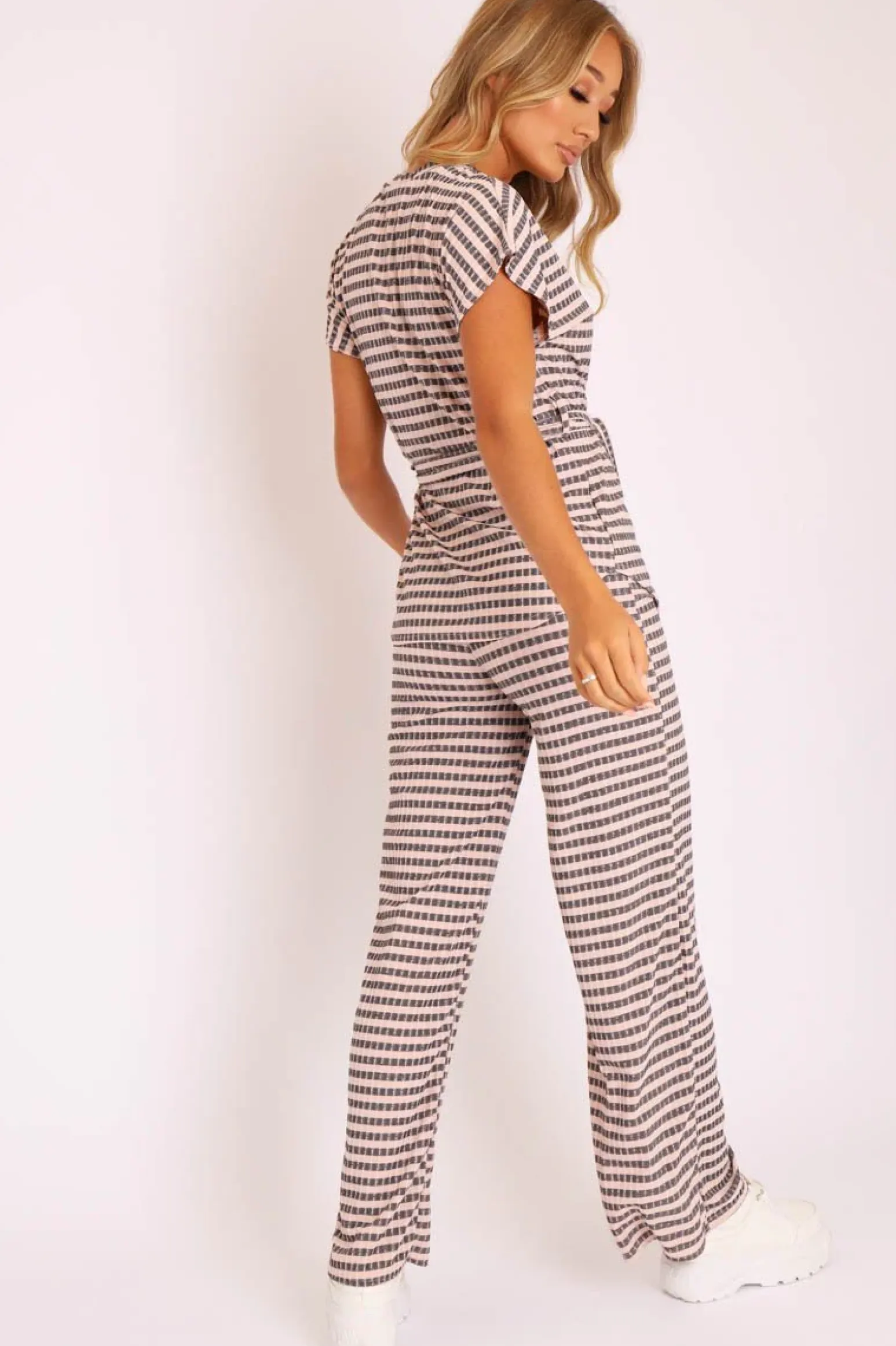 Rebellious Fashion Light Pink Black Stripe Wide Leg Belted Top Co-ord - Dolly