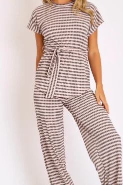 Rebellious Fashion Light Pink Black Stripe Wide Leg Belted Top Co-ord - Dolly