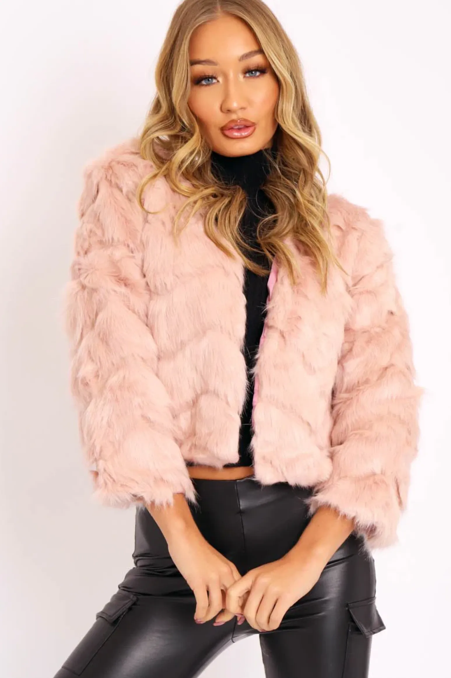Rebellious Fashion Light Pink Cropped Faux Fur Jacket - Gwen