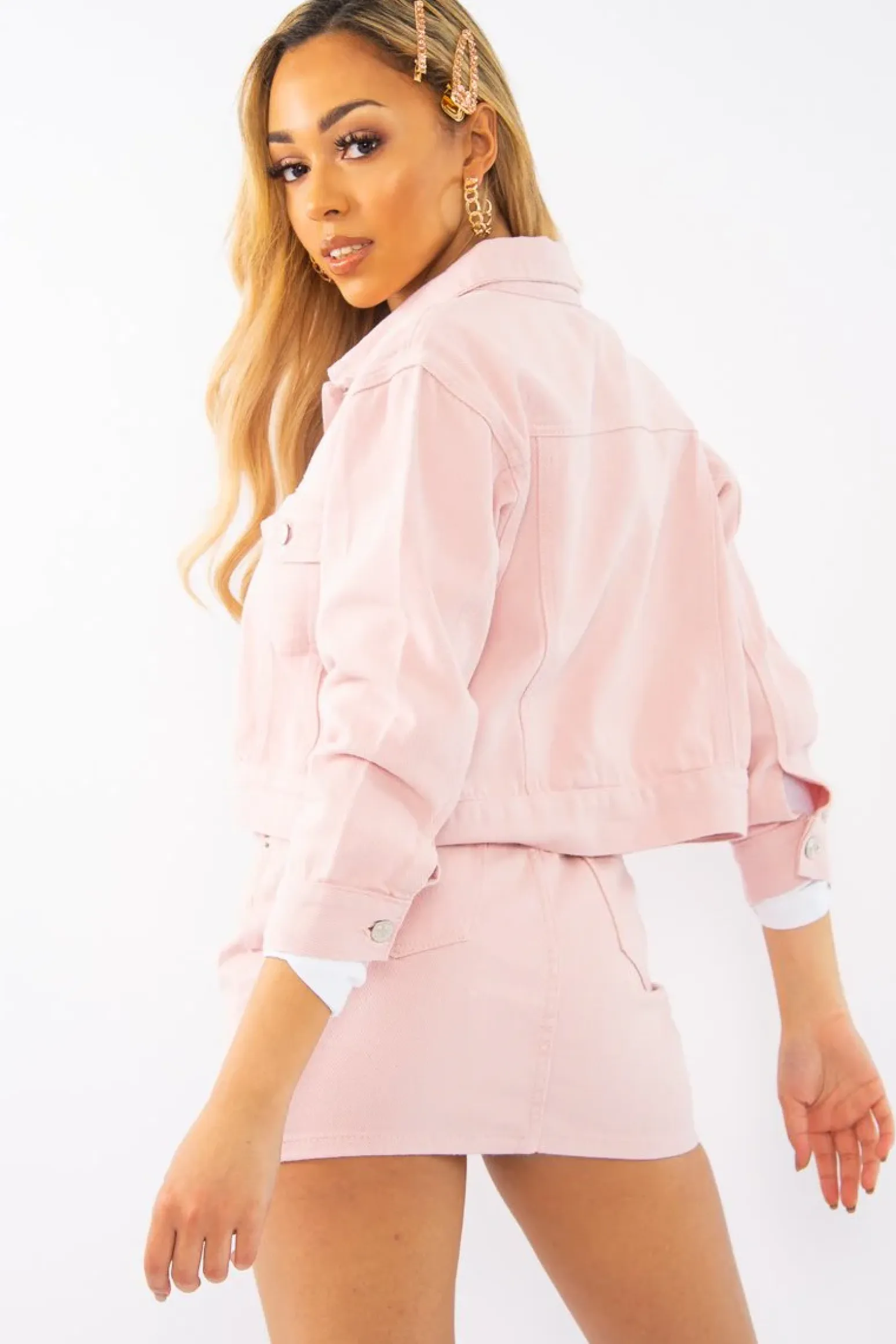 Rebellious Fashion Light Pink Denim Skirt and Jacket Co-ord - Viola