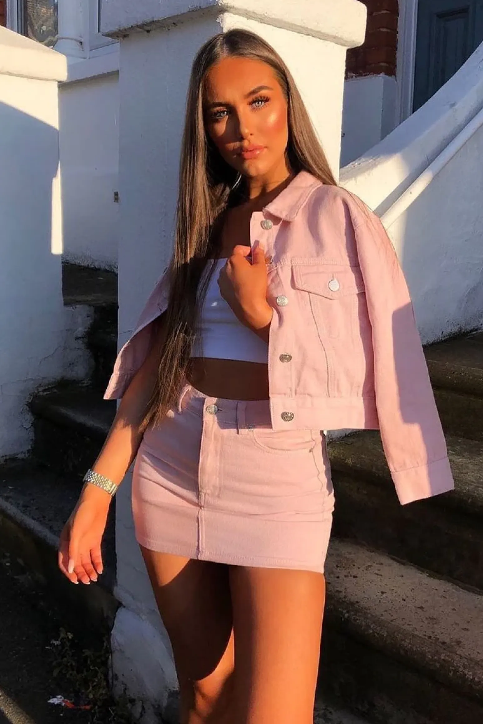 Rebellious Fashion Light Pink Denim Skirt and Jacket Co-ord - Viola