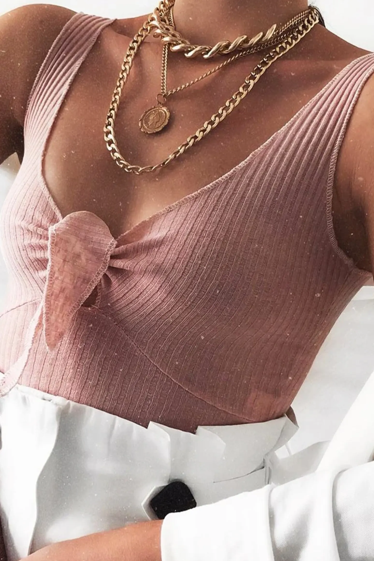 Rebellious Fashion Light Pink Detail Tie Extreme Cropped Top - Trista