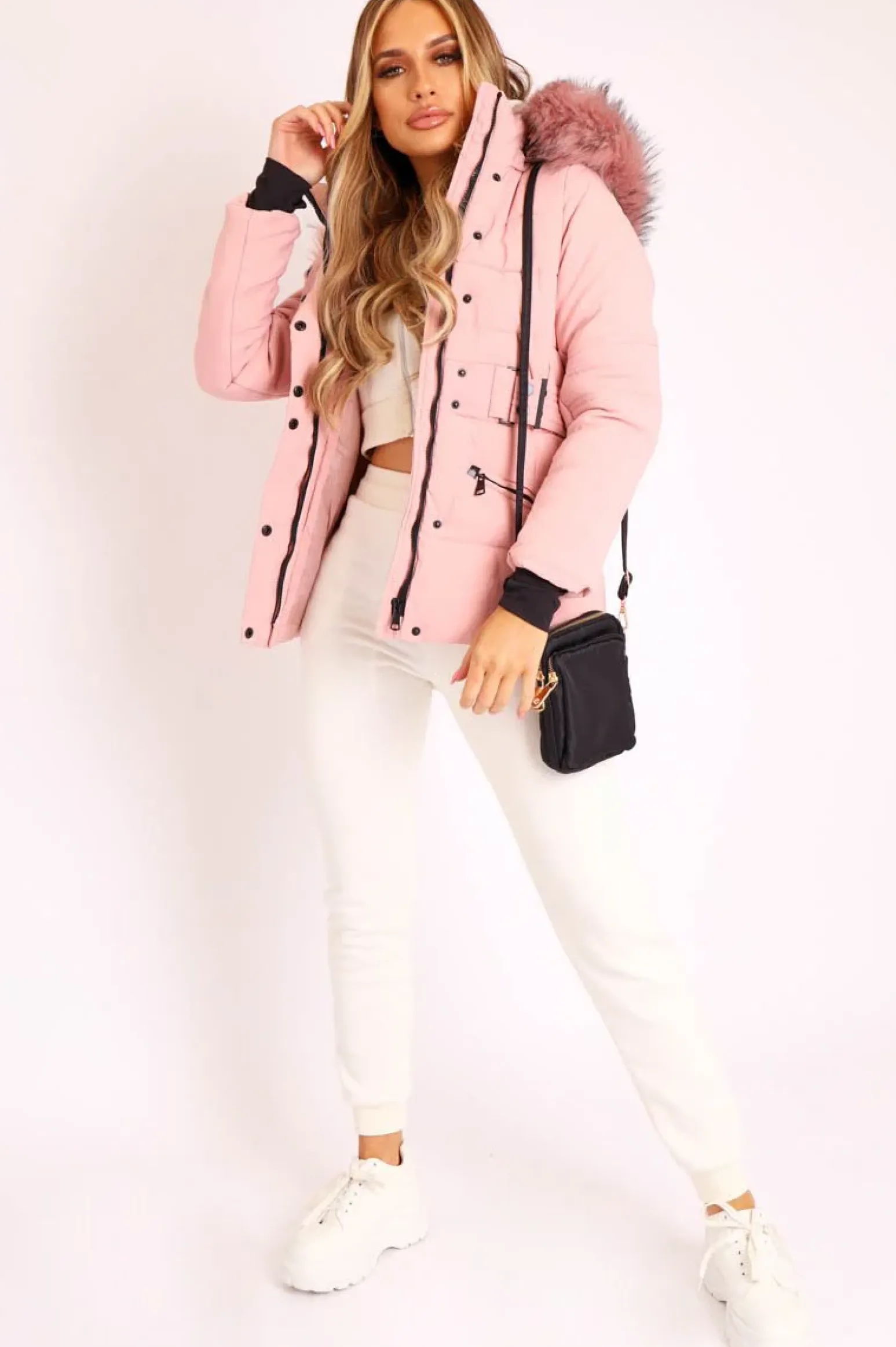 Rebellious Fashion Light Pink Fur Trim Adjustable Waist Puffer Coat - Rossie