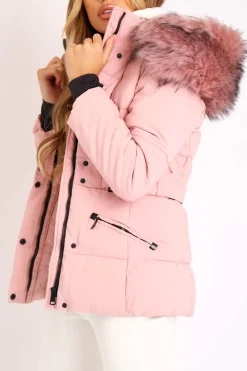 Rebellious Fashion Light Pink Fur Trim Adjustable Waist Puffer Coat - Rossie