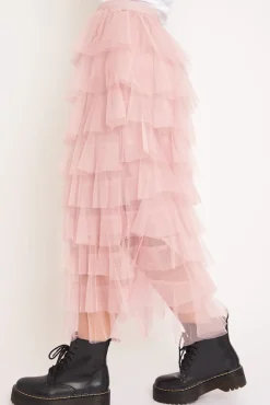 Rebellious Fashion Light Pink High Waisted Tulle Ruffle Midi Skirt - Aaliyana
