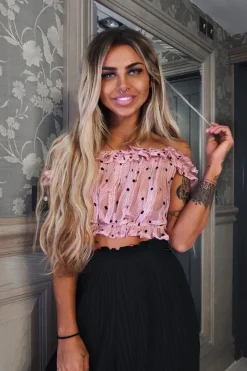 Rebellious Fashion Light Pink Polka Mesh Frill Bardot Crop Top - Wrenlee