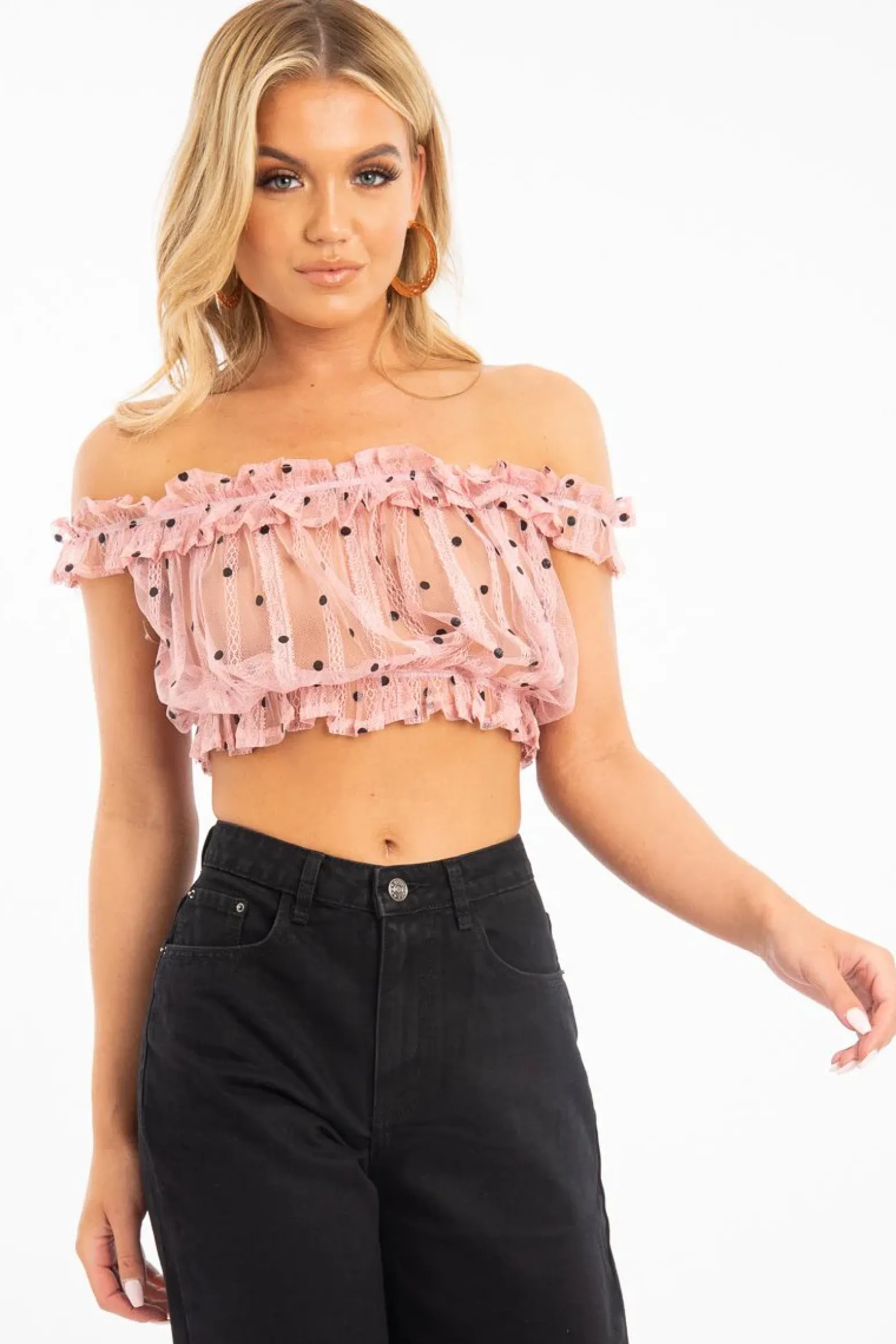Rebellious Fashion Light Pink Polka Mesh Frill Bardot Crop Top - Wrenlee