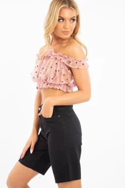 Rebellious Fashion Light Pink Polka Mesh Frill Bardot Crop Top - Wrenlee