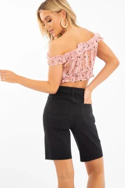 Rebellious Fashion Light Pink Polka Mesh Frill Bardot Crop Top - Wrenlee