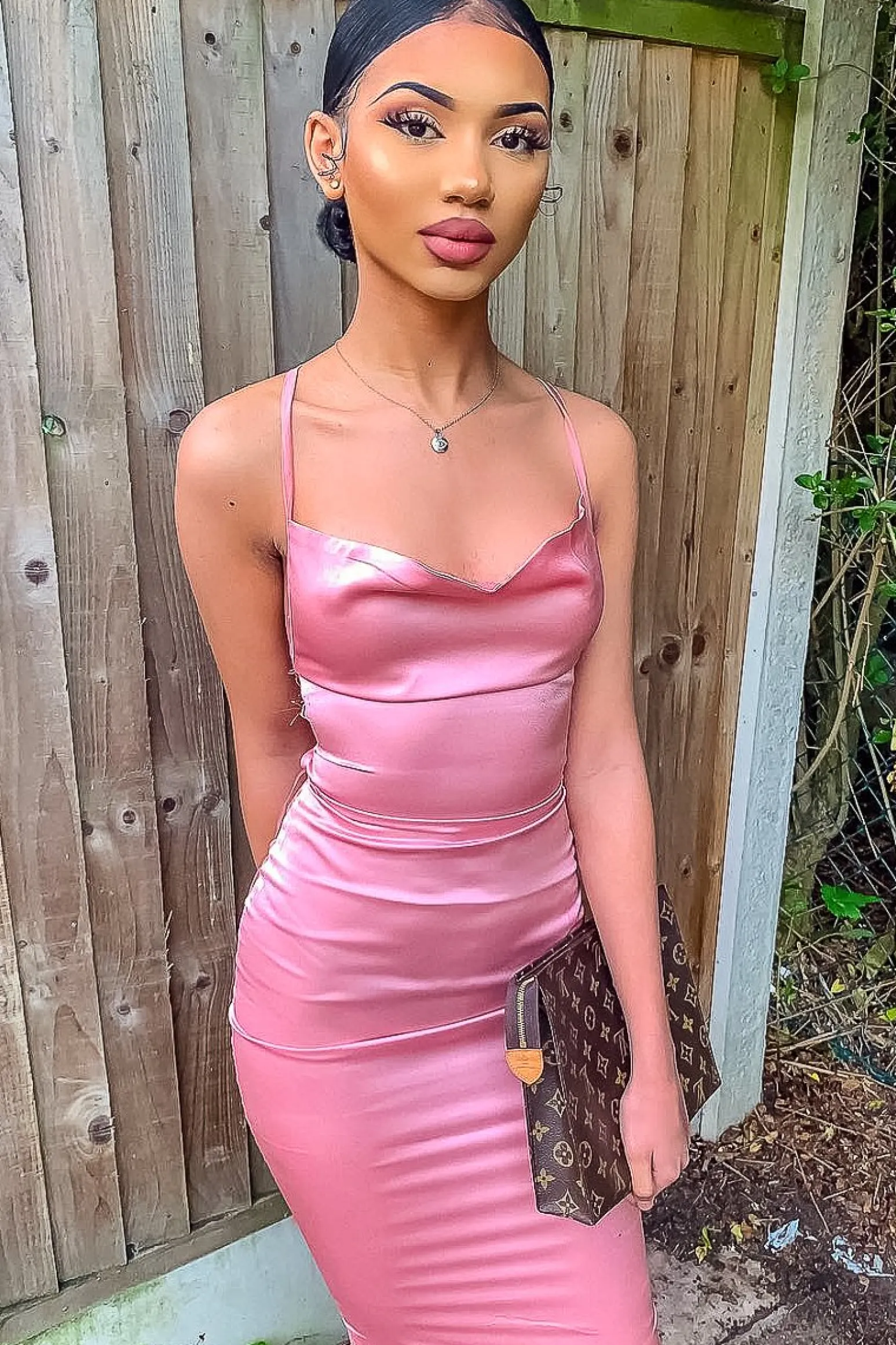 Rebellious Fashion Light Pink Satin Cowl Neck Midi Bodycon Dress - Liliana