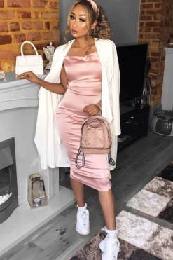 Rebellious Fashion Light Pink Satin Cowl Neck Midi Bodycon Dress - Liliana