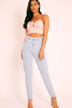 Rebellious Fashion Light Pink Satin Tie Detail One Sleeve Crop Top - Joni