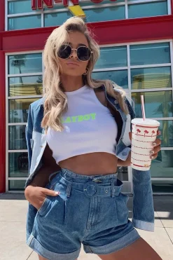 Rebellious Fashion Light Wash Belted High Waist Paper Bag Shorts - Everlei