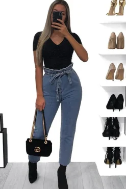 Rebellious Fashion Light Wash Blue Denim Tie Waist Paperbag Jeans - Lylee
