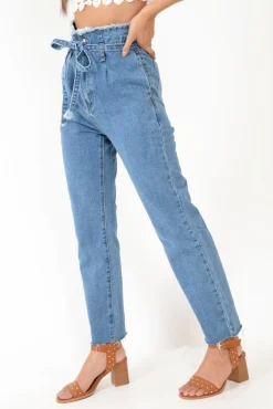 Rebellious Fashion Light Wash Blue Denim Tie Waist Paperbag Jeans - Lylee