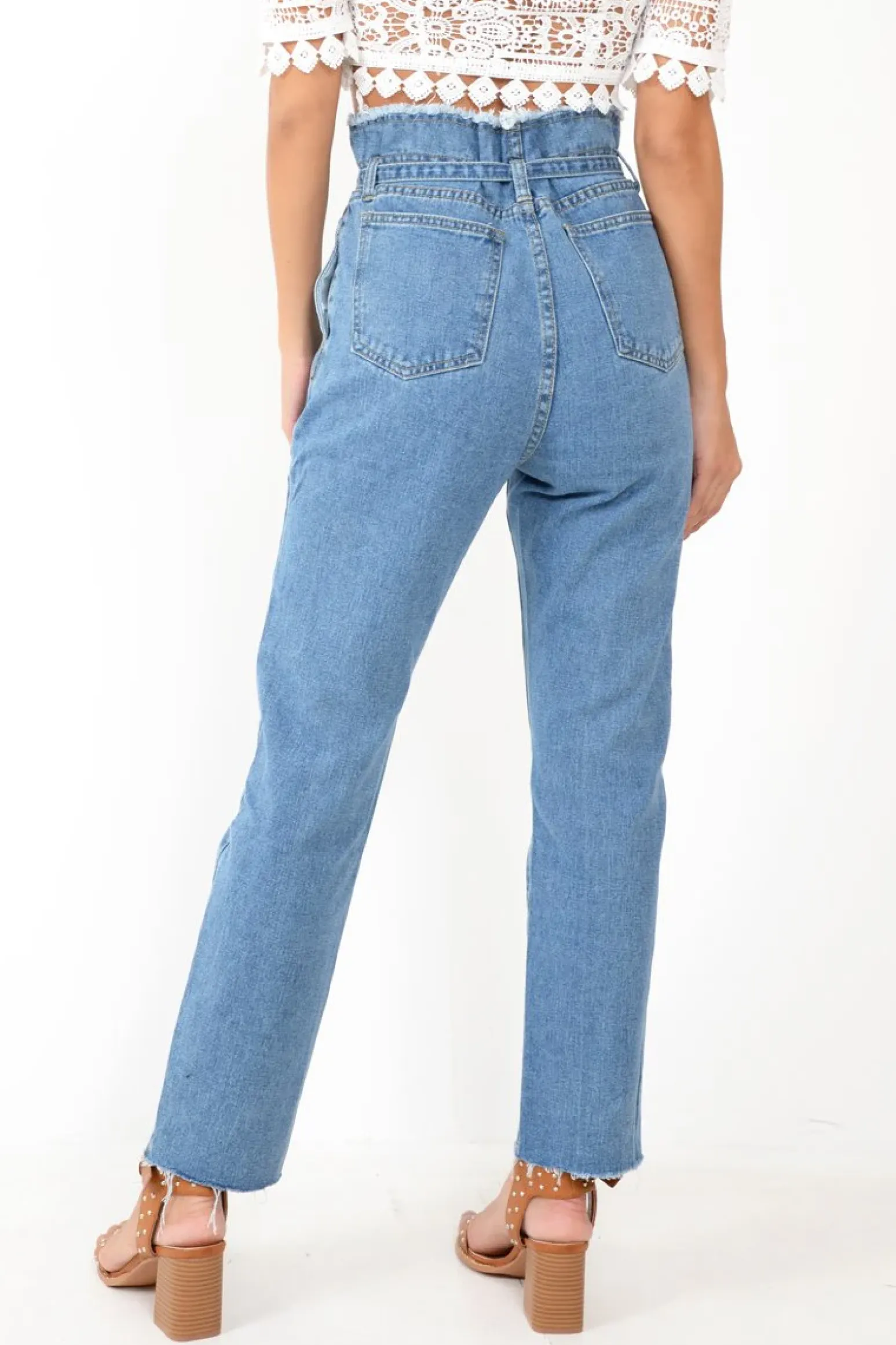Rebellious Fashion Light Wash Blue Denim Tie Waist Paperbag Jeans - Lylee