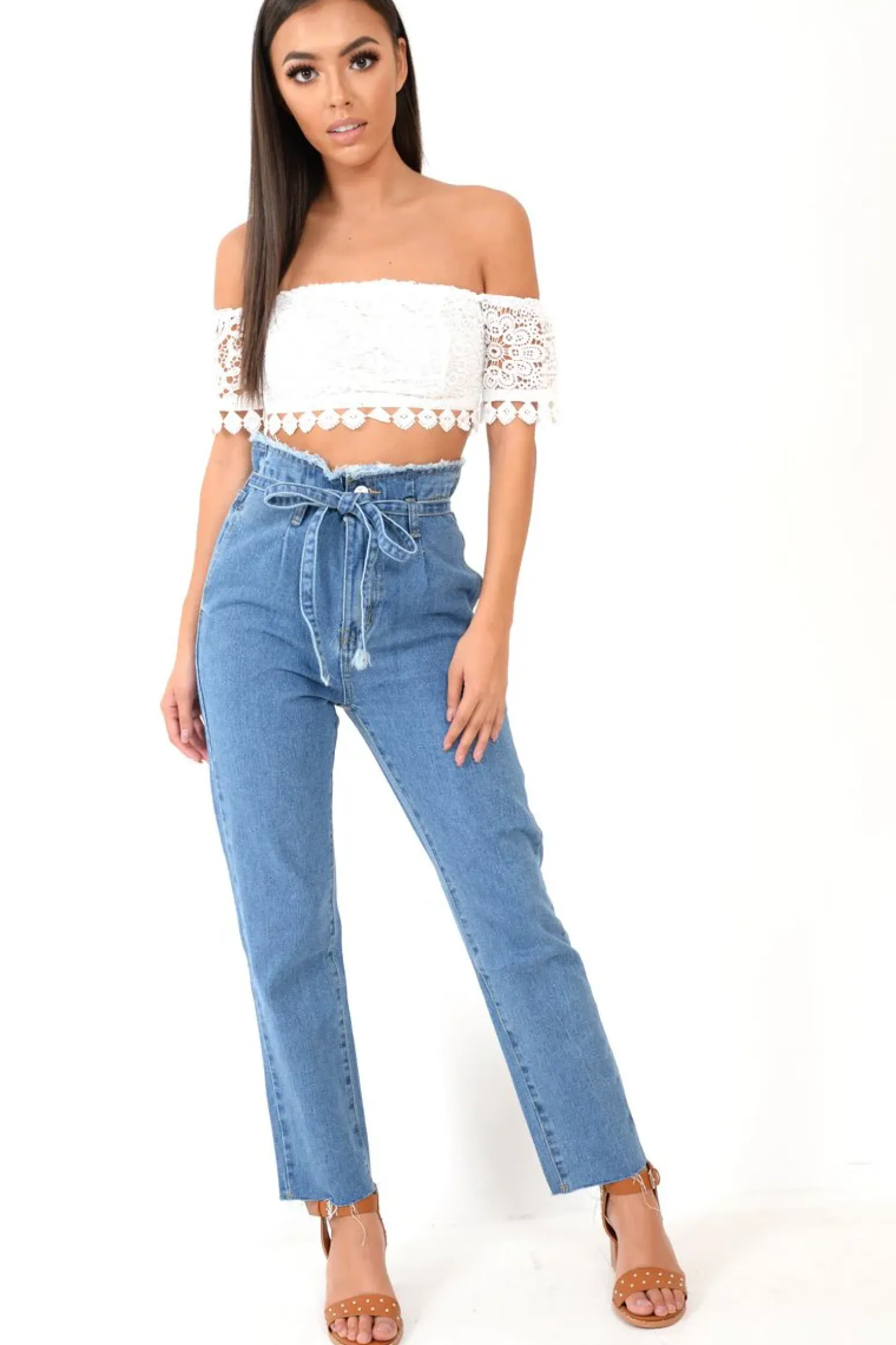 Rebellious Fashion Light Wash Blue Denim Tie Waist Paperbag Jeans - Lylee