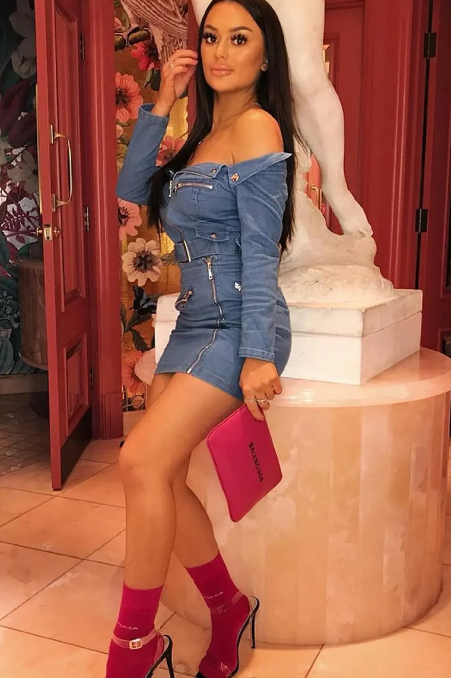 Rebellious Fashion Light Wash Denim Biker Crop Top Skirt Co-Ord - Meika