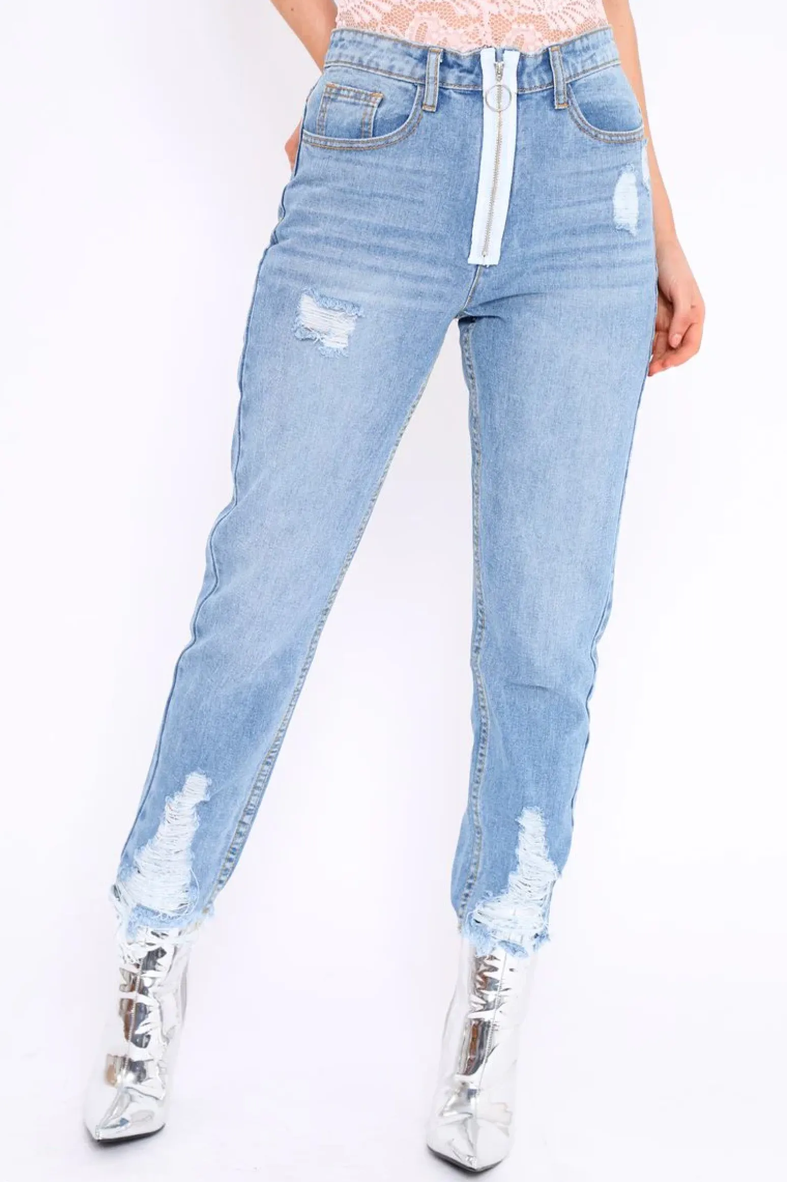Rebellious Fashion Light Wash Denim Exposed Zip Distressed Jeans - Aralyn