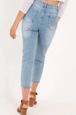 Rebellious Fashion Light Wash Denim Frayed Hem Mom Jeans - Meena