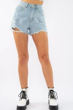 Rebellious Fashion Light Wash Denim Frayed Shorts - Derica