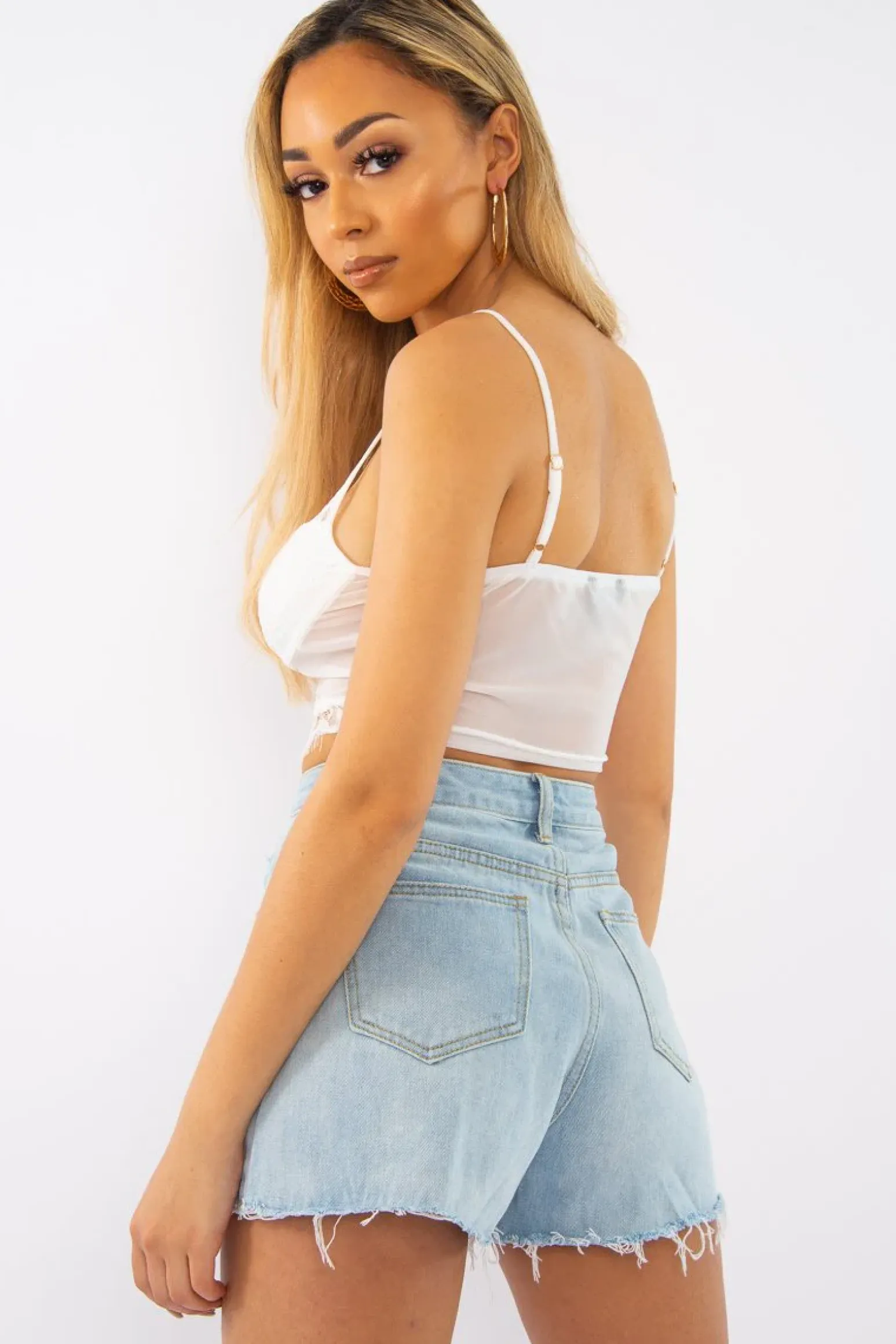 Rebellious Fashion Light Wash Denim Frayed Shorts - Derica