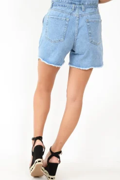 Rebellious Fashion Light Wash Denim Paper Bag Mom Shorts - Iqra