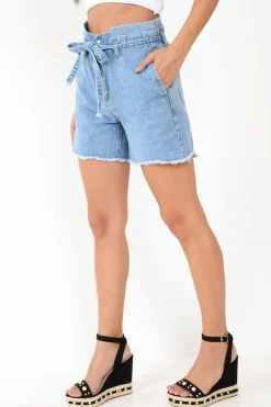 Rebellious Fashion Light Wash Denim Paper Bag Mom Shorts - Iqra