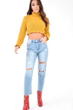 Rebellious Fashion Light Wash Distressed Bum Rip Mom Jeans - Issi