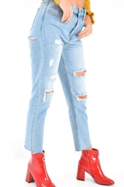 Rebellious Fashion Light Wash Distressed Bum Rip Mom Jeans - Issi