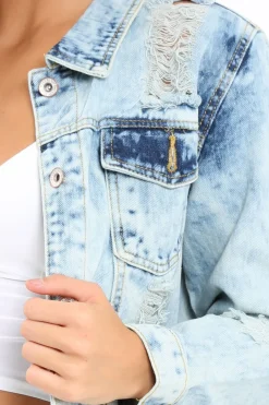 Rebellious Fashion Light Wash Distressed Denim Jacket - Saima