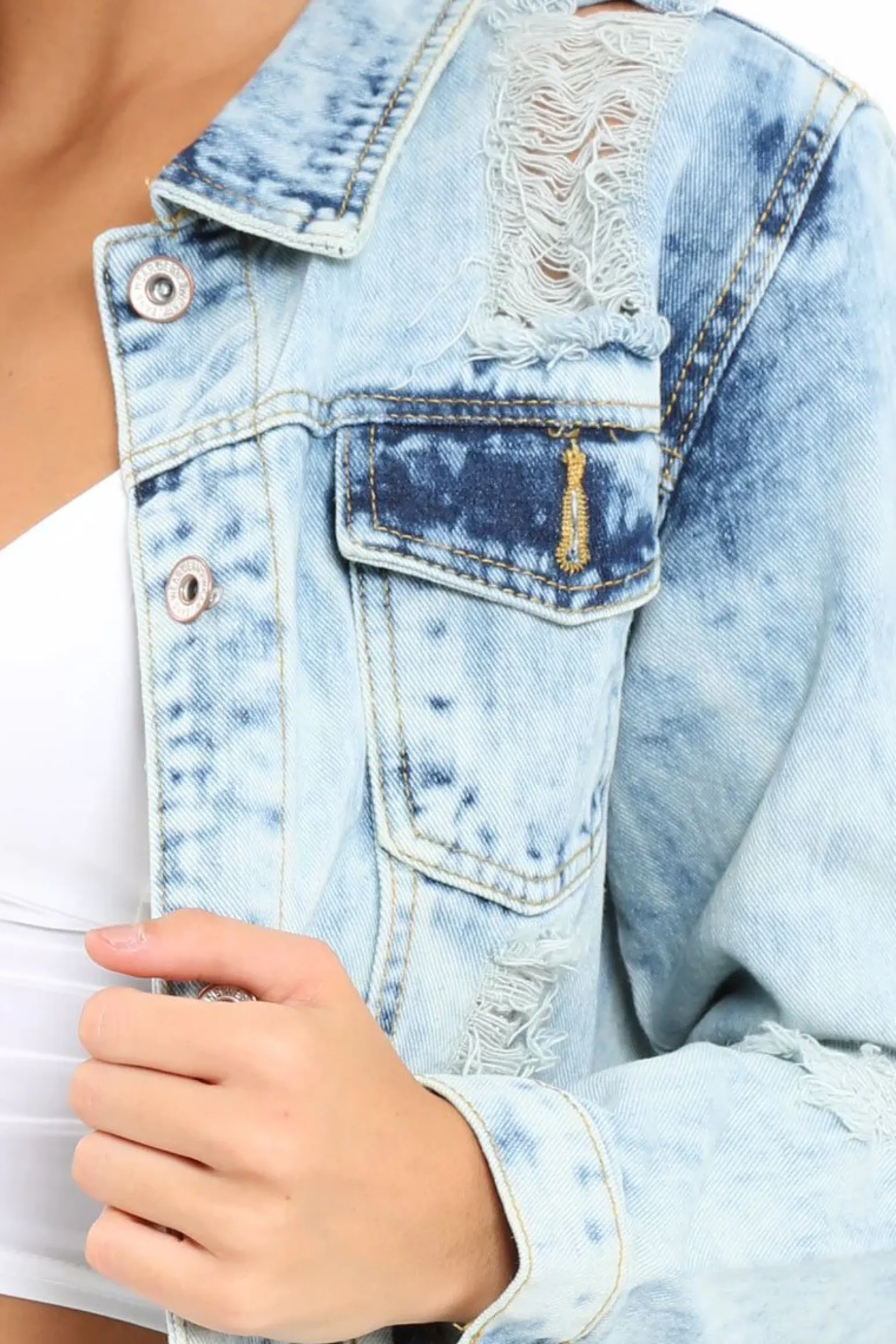 Rebellious Fashion Light Wash Distressed Denim Jacket - Saima