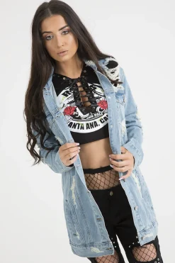 Rebellious Fashion Light Wash Distressed Oversized Denim Jacket - Amra