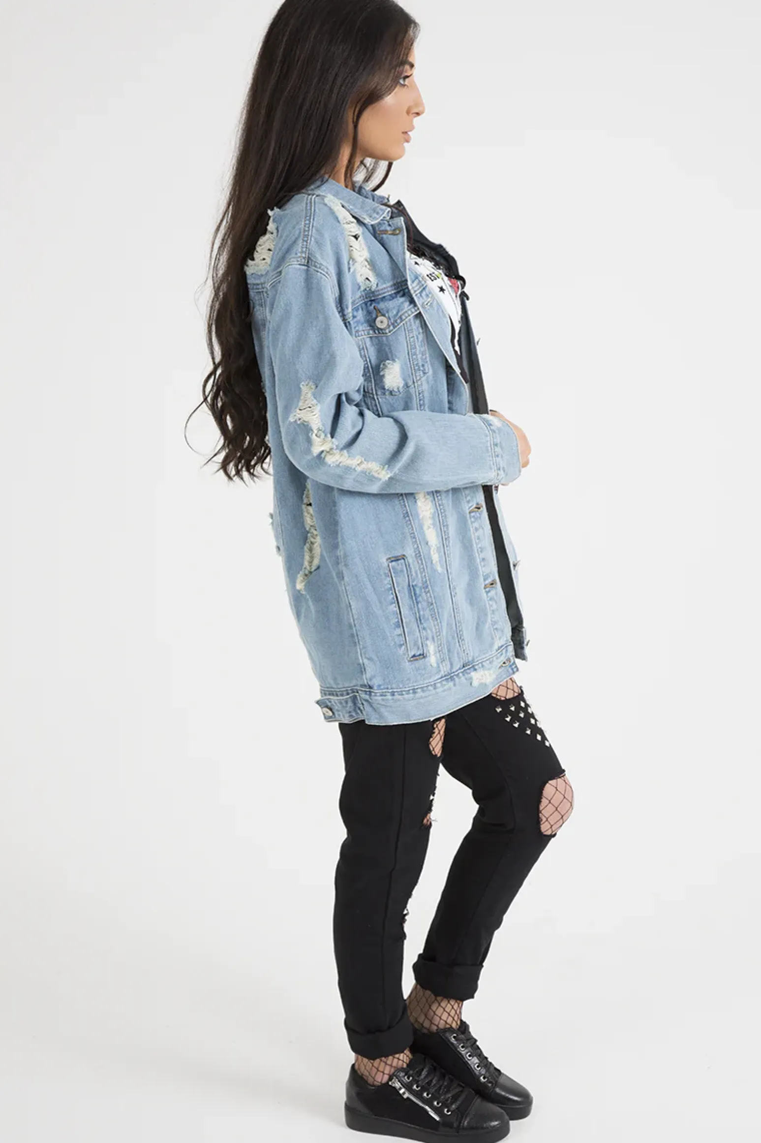 Rebellious Fashion Light Wash Distressed Oversized Denim Jacket - Amra