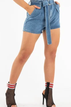 Rebellious Fashion Light Wash D Ring Belted Paper Bag Denim Shorts - Katalia