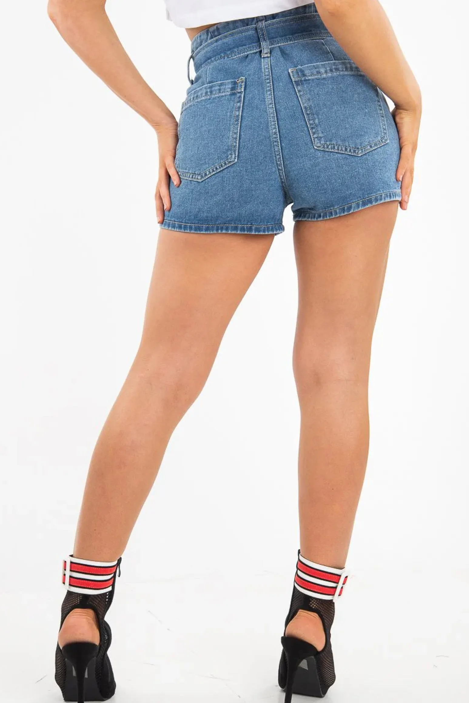 Rebellious Fashion Light Wash D Ring Belted Paper Bag Denim Shorts - Katalia