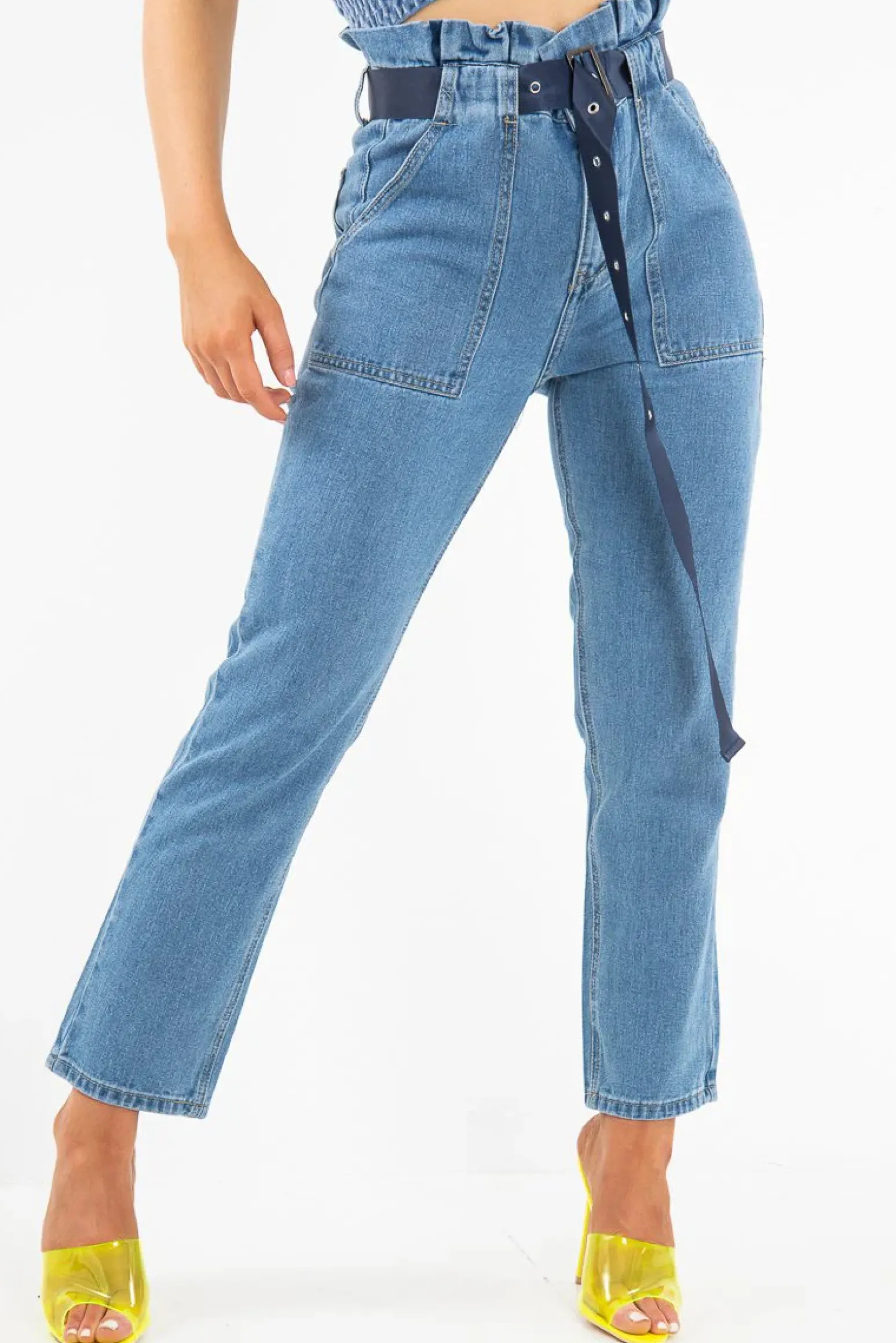 Rebellious Fashion Light Wash Eyelet Belted Paper Bag Mom Jeans - Myli