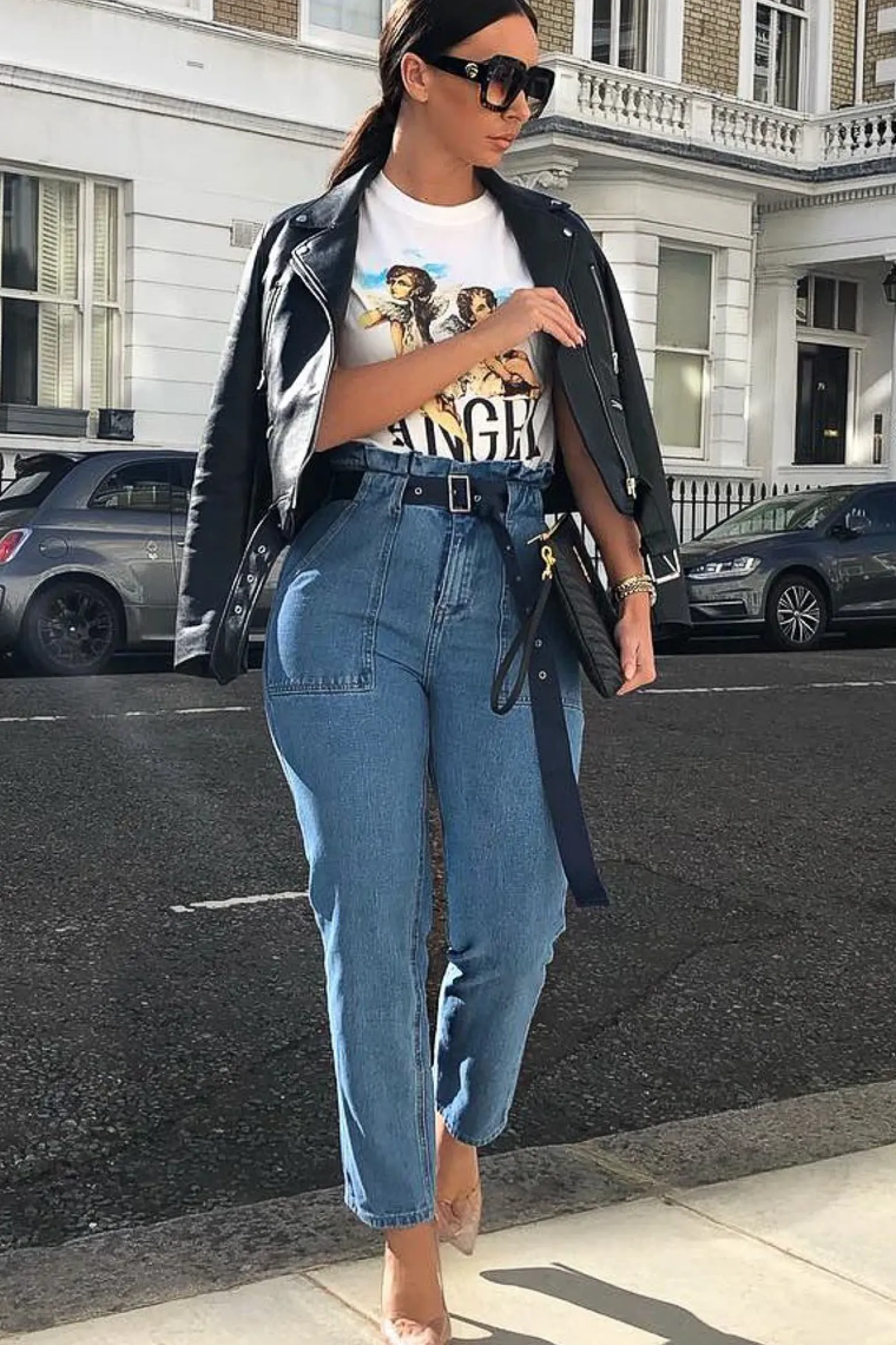 Rebellious Fashion Light Wash Eyelet Belted Paper Bag Mom Jeans - Myli