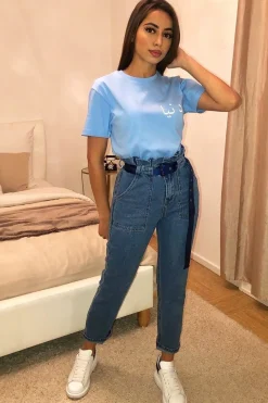 Rebellious Fashion Light Wash Eyelet Belted Paper Bag Mom Jeans - Myli