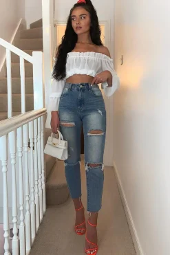 Rebellious Fashion Light Wash Fray Hem Distressed Boyfriend Jeans - Kaiah