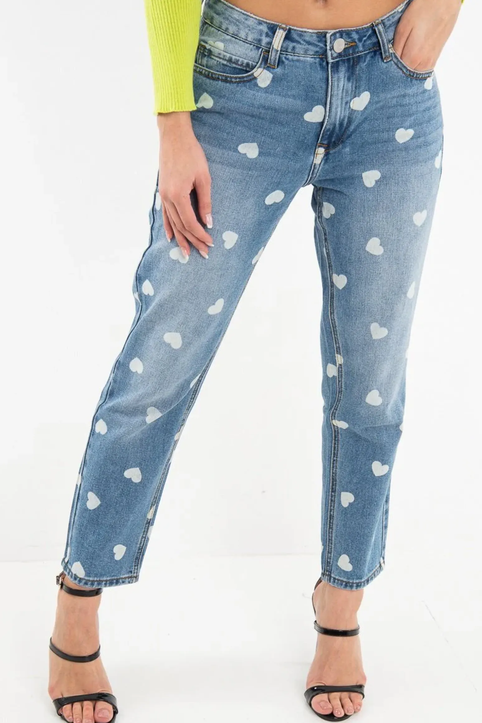 Rebellious Fashion Light Wash Heart Print Boyfriend Denim Jeans - Elainna