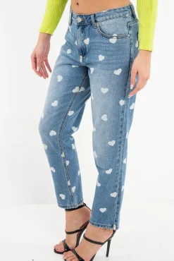 Rebellious Fashion Light Wash Heart Print Boyfriend Denim Jeans - Elainna