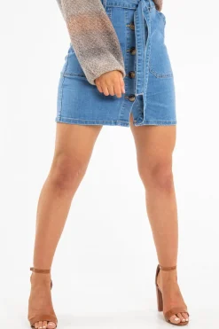 Rebellious Fashion Light Wash Horn Button Front Denim Mini Skirt - Yazmin