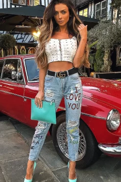 Rebellious Fashion Light Wash Love Graffiti Print Distressed Boyfriend Jeans - Maggie