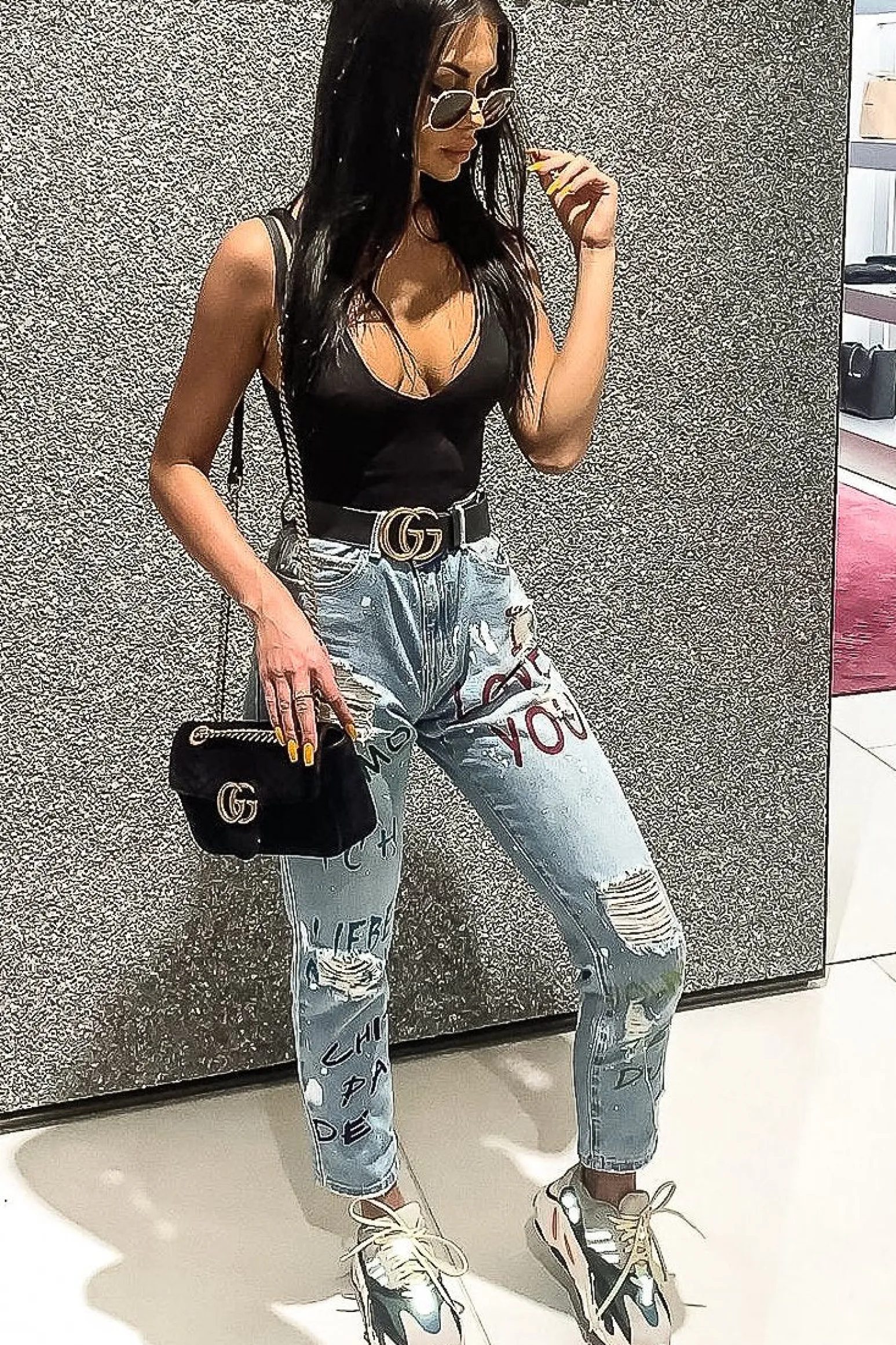 Rebellious Fashion Light Wash Love Graffiti Print Distressed Boyfriend Jeans - Maggie