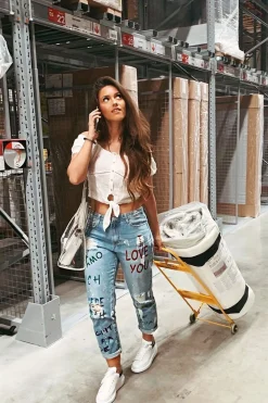 Rebellious Fashion Light Wash Love Graffiti Print Distressed Boyfriend Jeans - Maggie