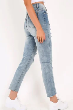 Rebellious Fashion Light Wash Rip Front Distressed Mom Jeans - Merina