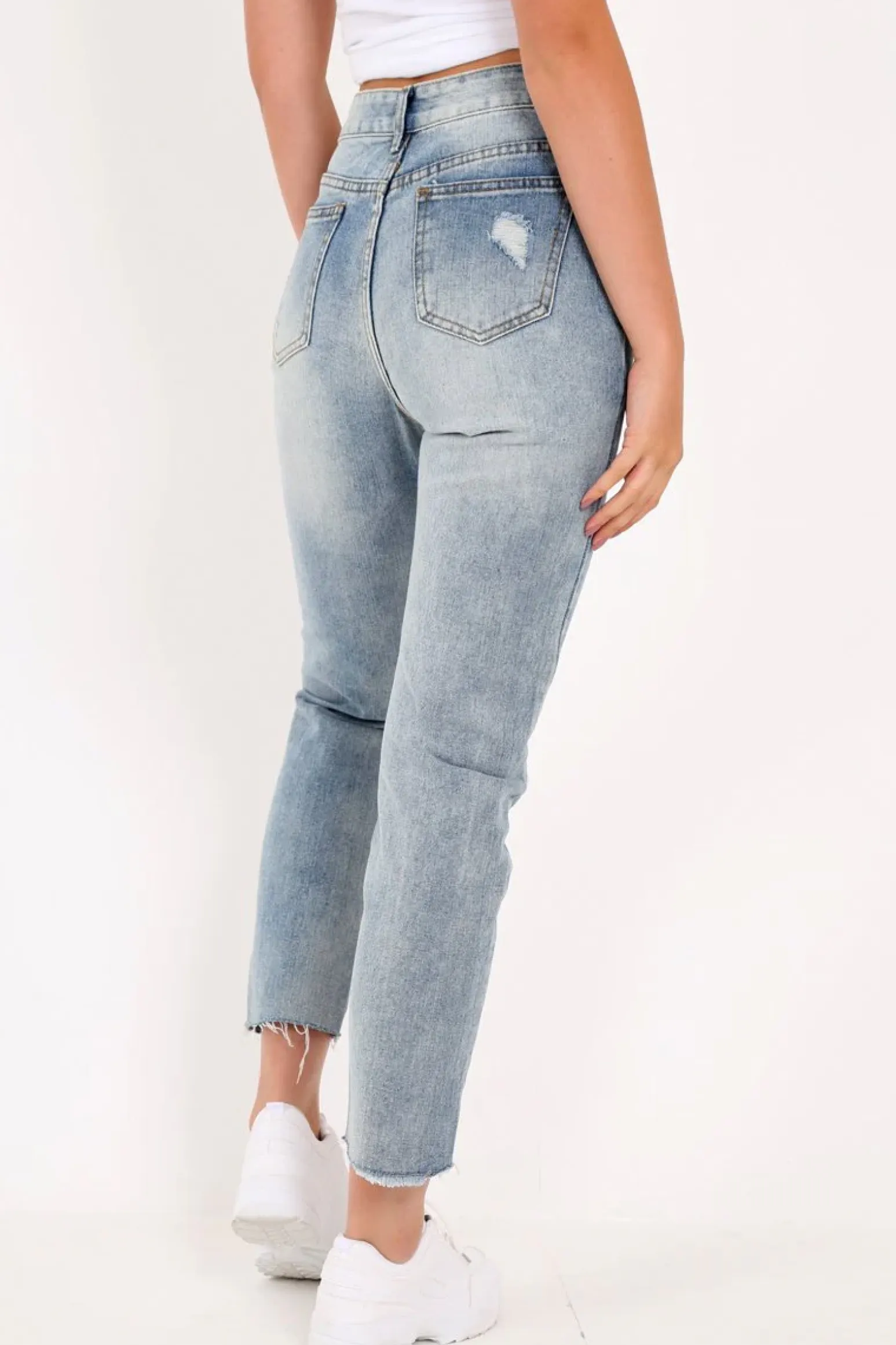 Rebellious Fashion Light Wash Rip Front Distressed Mom Jeans - Merina
