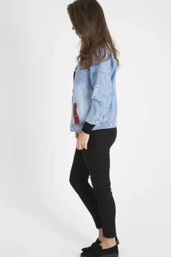Rebellious Fashion Light Wash Slogan Distressed Denim Jacket - Ashanti
