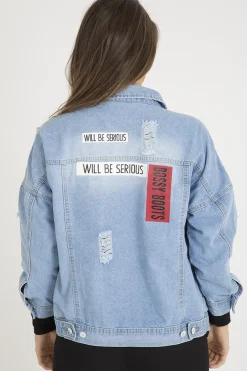 Rebellious Fashion Light Wash Slogan Distressed Denim Jacket - Ashanti
